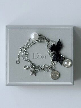 Authentic Dior Rare Wrap Bracelet DC Charm Star Pearl Crystal Silver